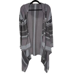 Athleta XS Gray Striped Cotton Cashmere Draped Open Front Cardigan Sweater Hood